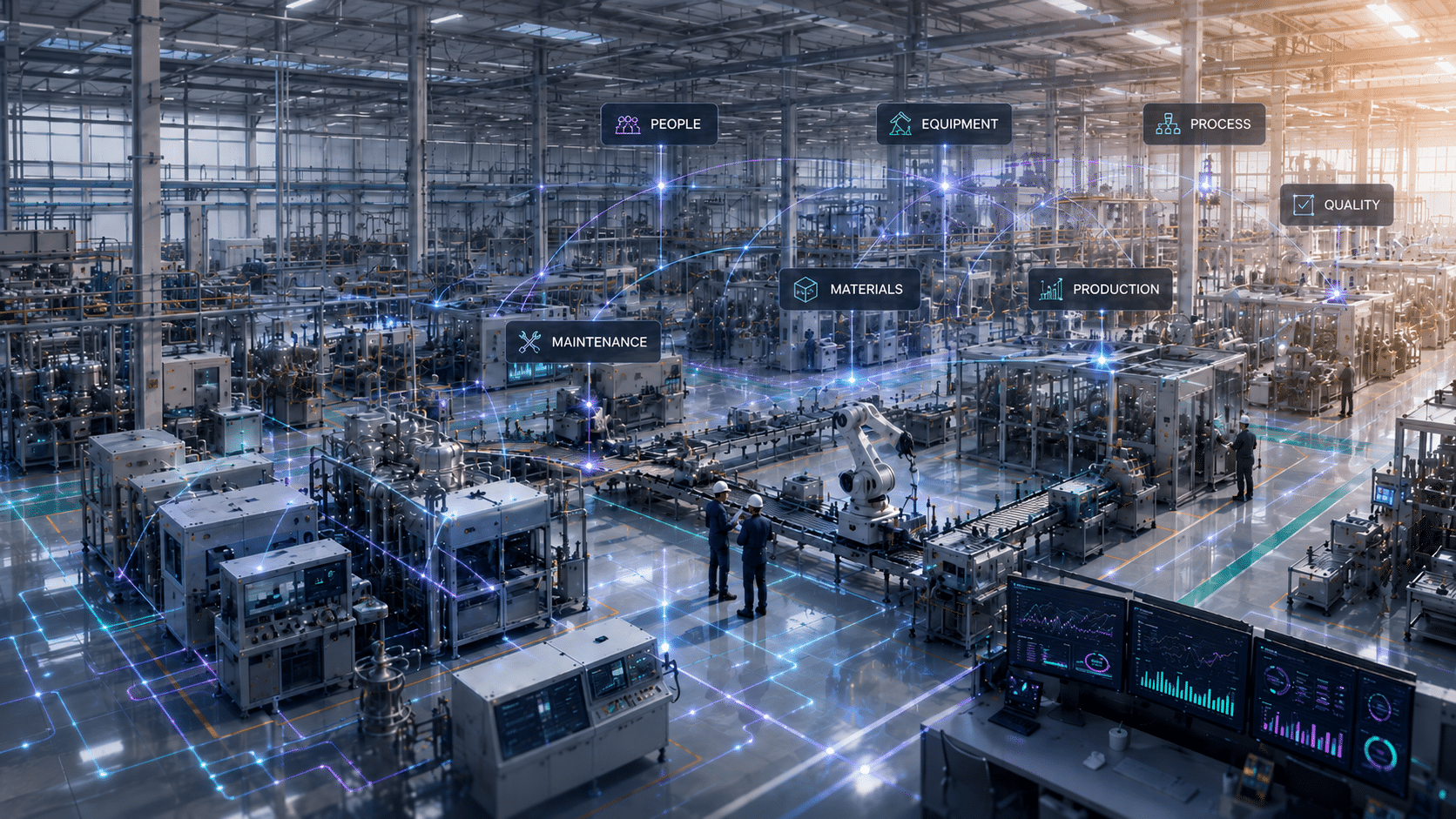 Manufacturing AI connecting people, equipment, process, quality, materials, maintenance, and production through shared operational context